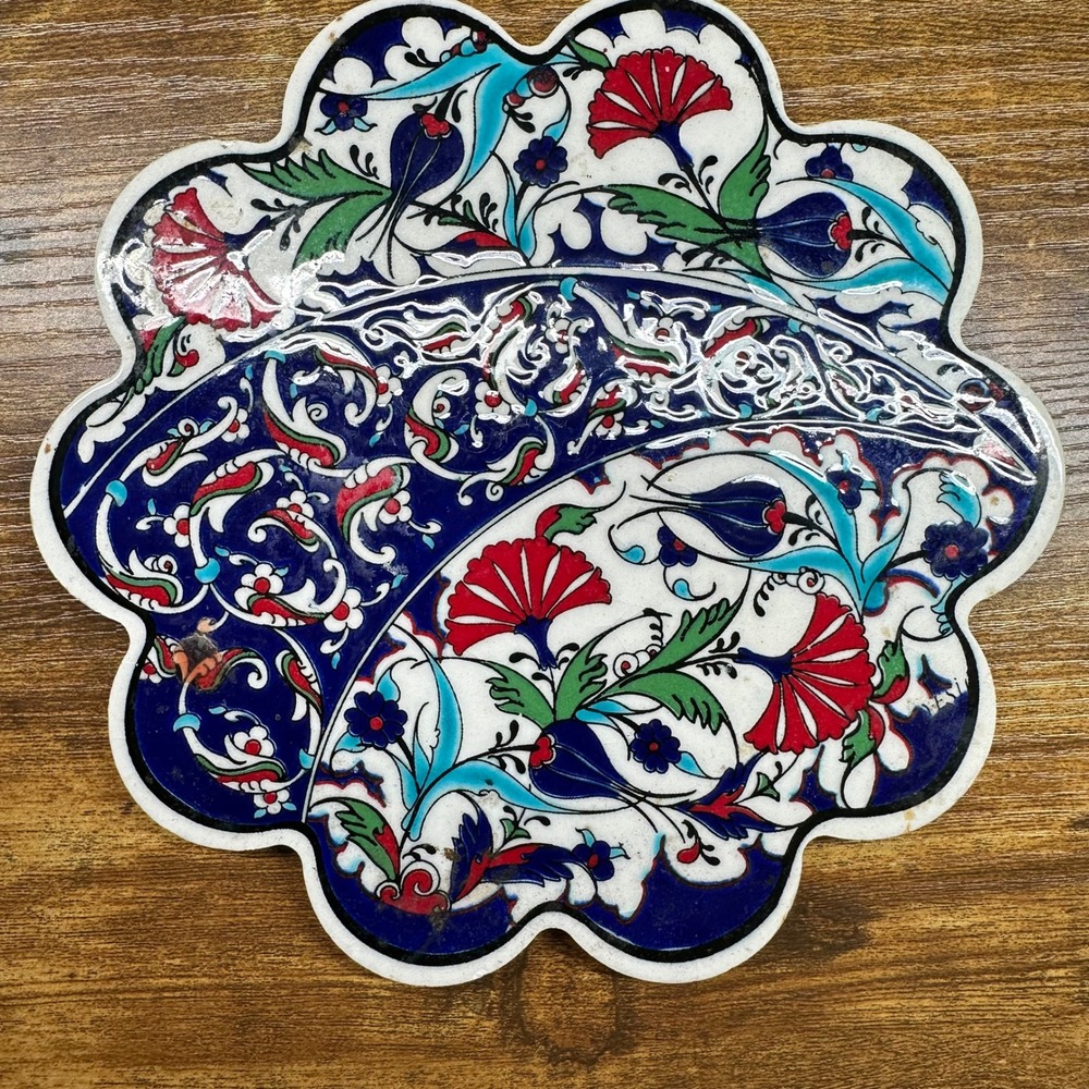 Traditional Iznik Turkish Ceramic Art Trivet Floral Scalloped Heat Resistant 7in